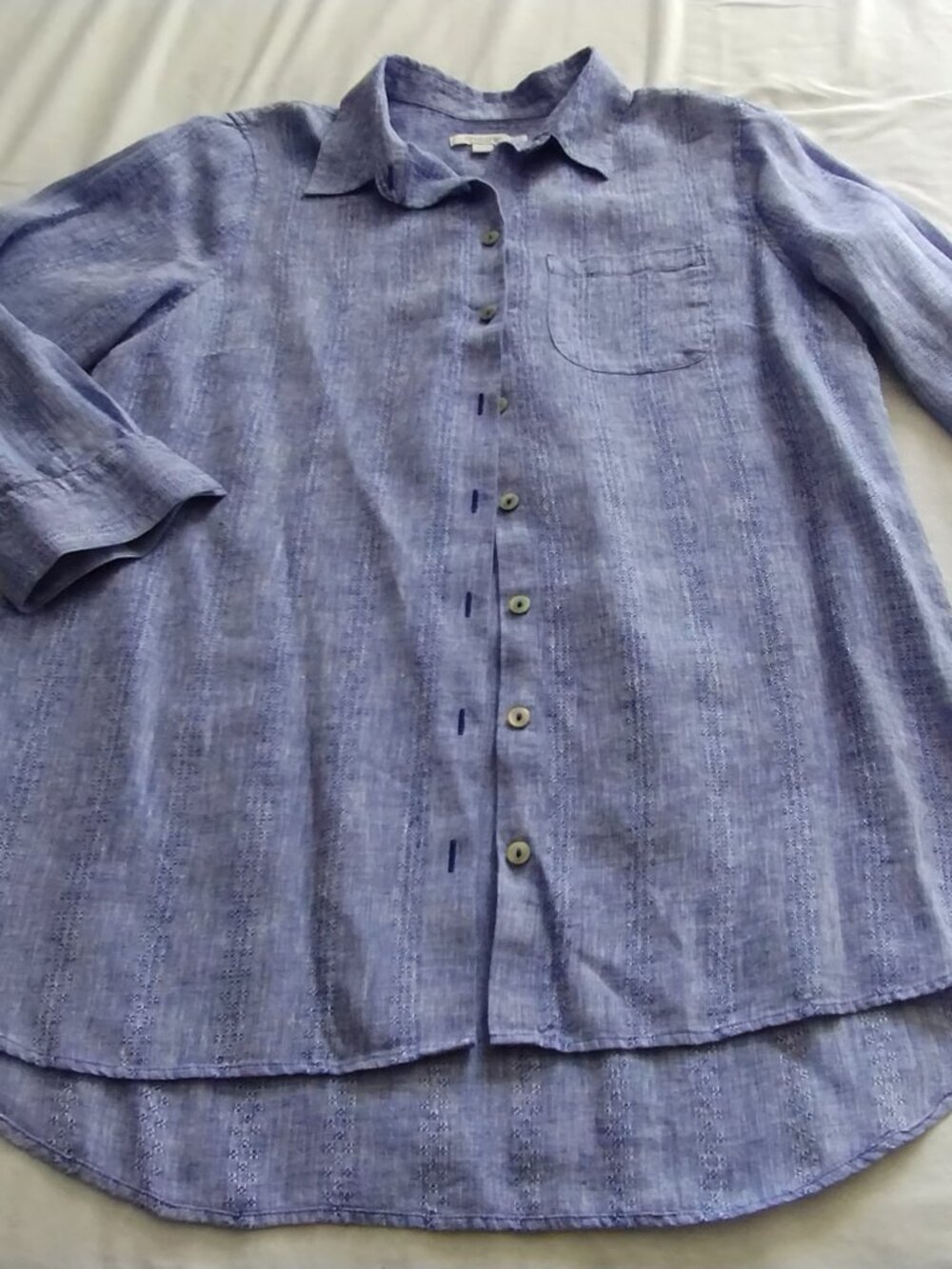 CHICO's Medium-Light Blue 3/4 Sleeve 100% LINEN Button Down Top Sz 1